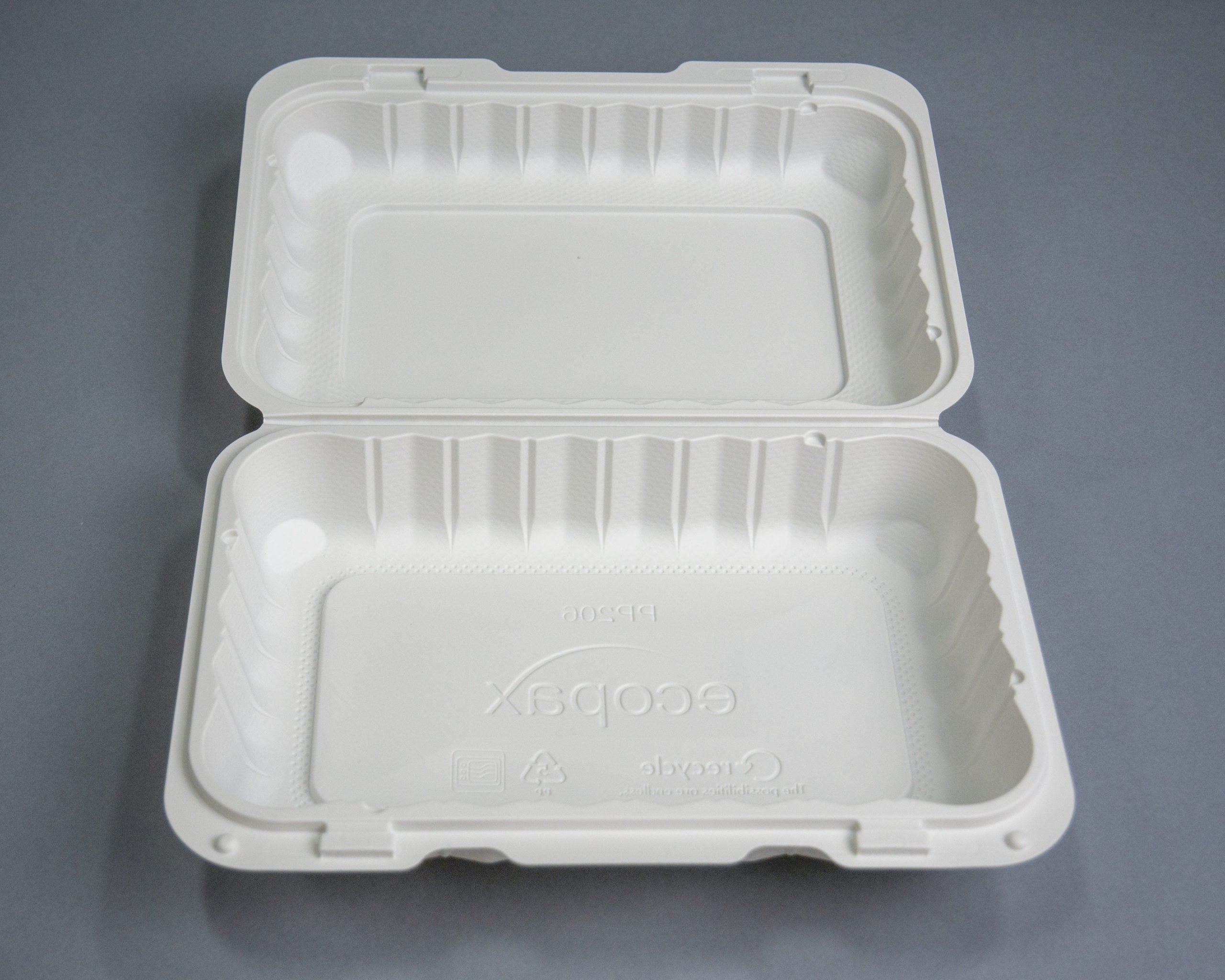 Ecopax Pebble Box White 1-Compartment Hinged Container 9.25" x 6.5" x 2.25" (PP206) - 150 Count