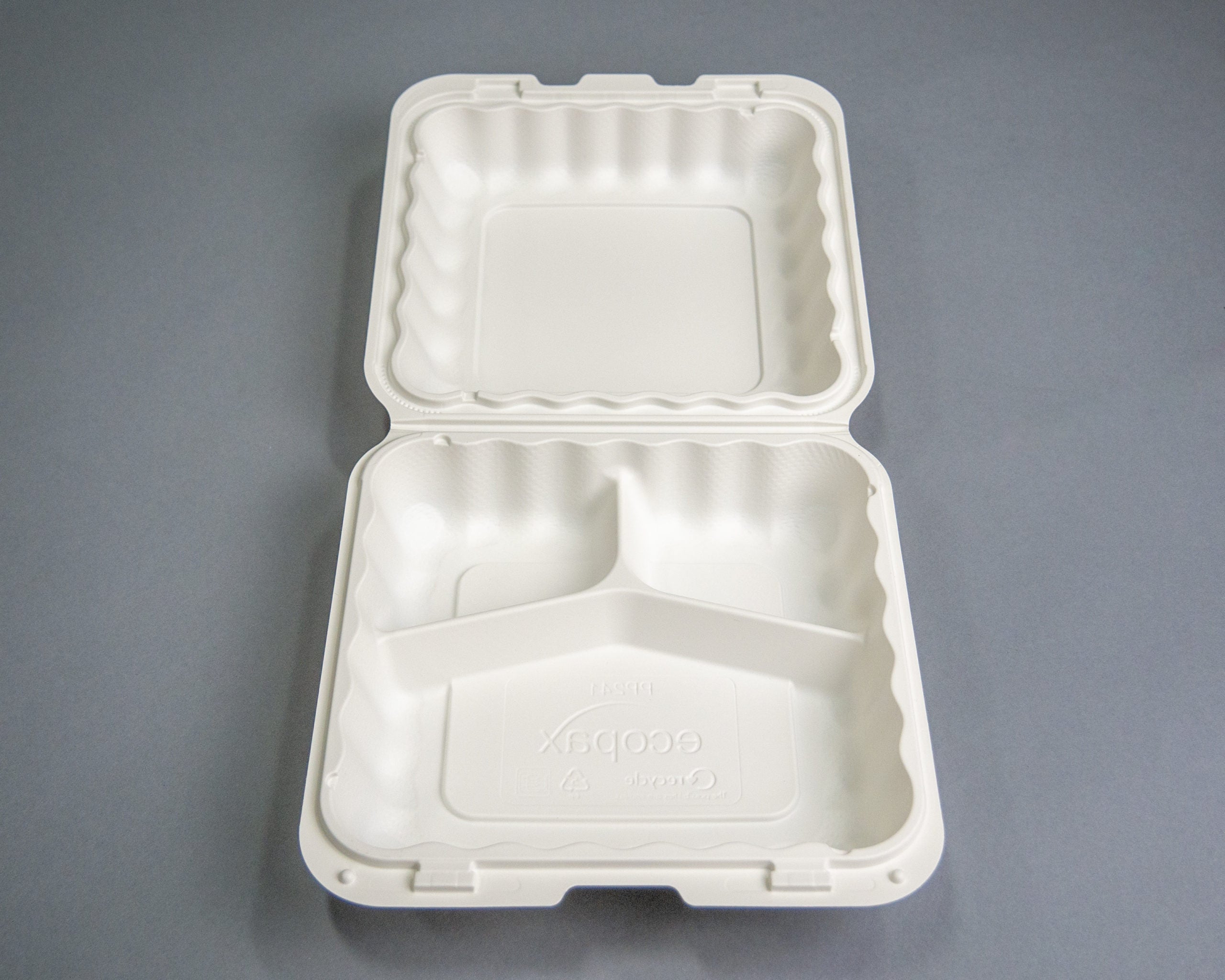 Ecopax Pebble Box White 3-Compartment Hinged Container 7.88" x 8" x 2.5" (PP241) - 150 Count