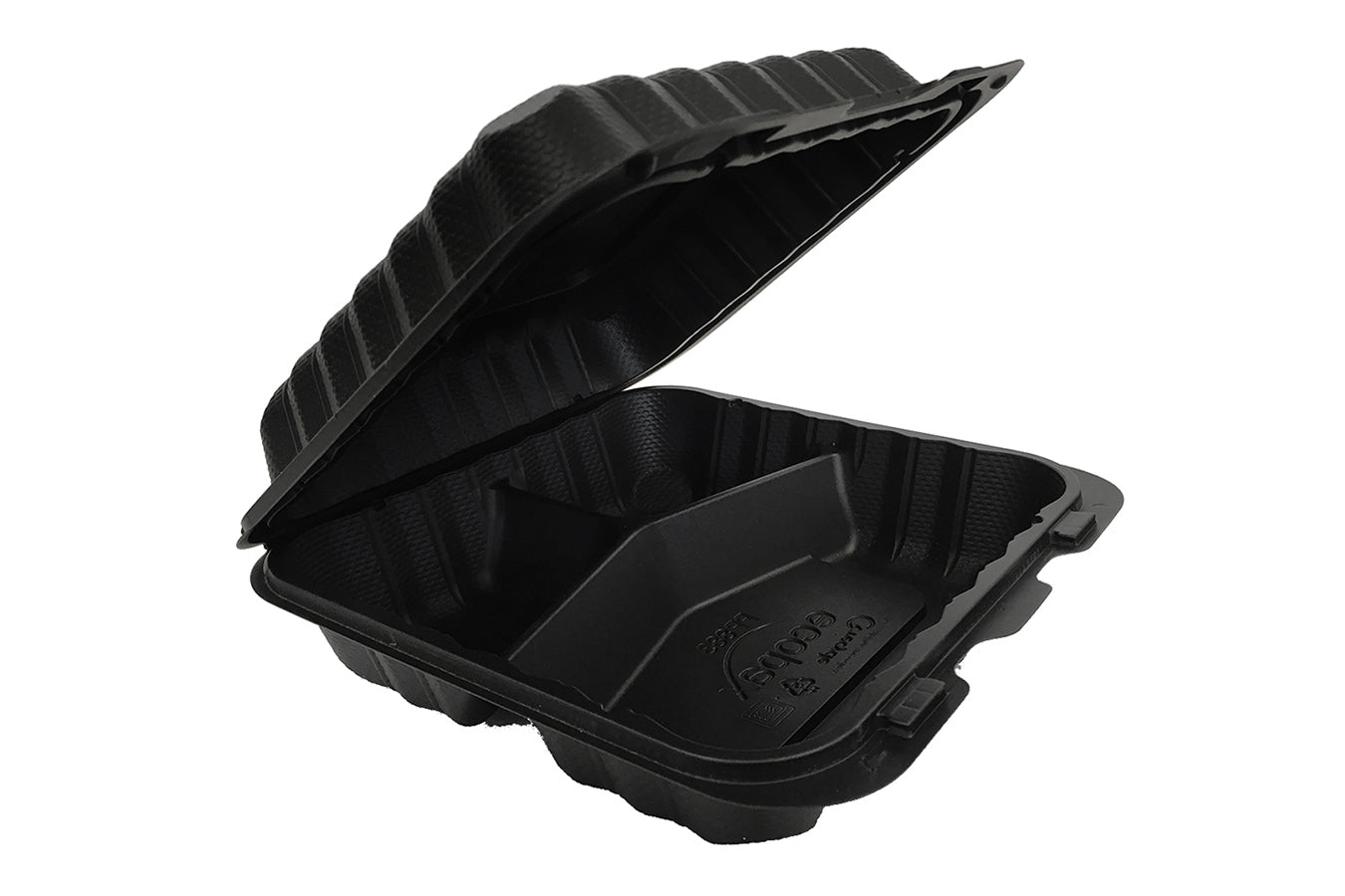 Ecopax Pebble Box Black 3-Compartment Hinged Container 8" x 8" x 3" (PP883-BK) - 150 Count