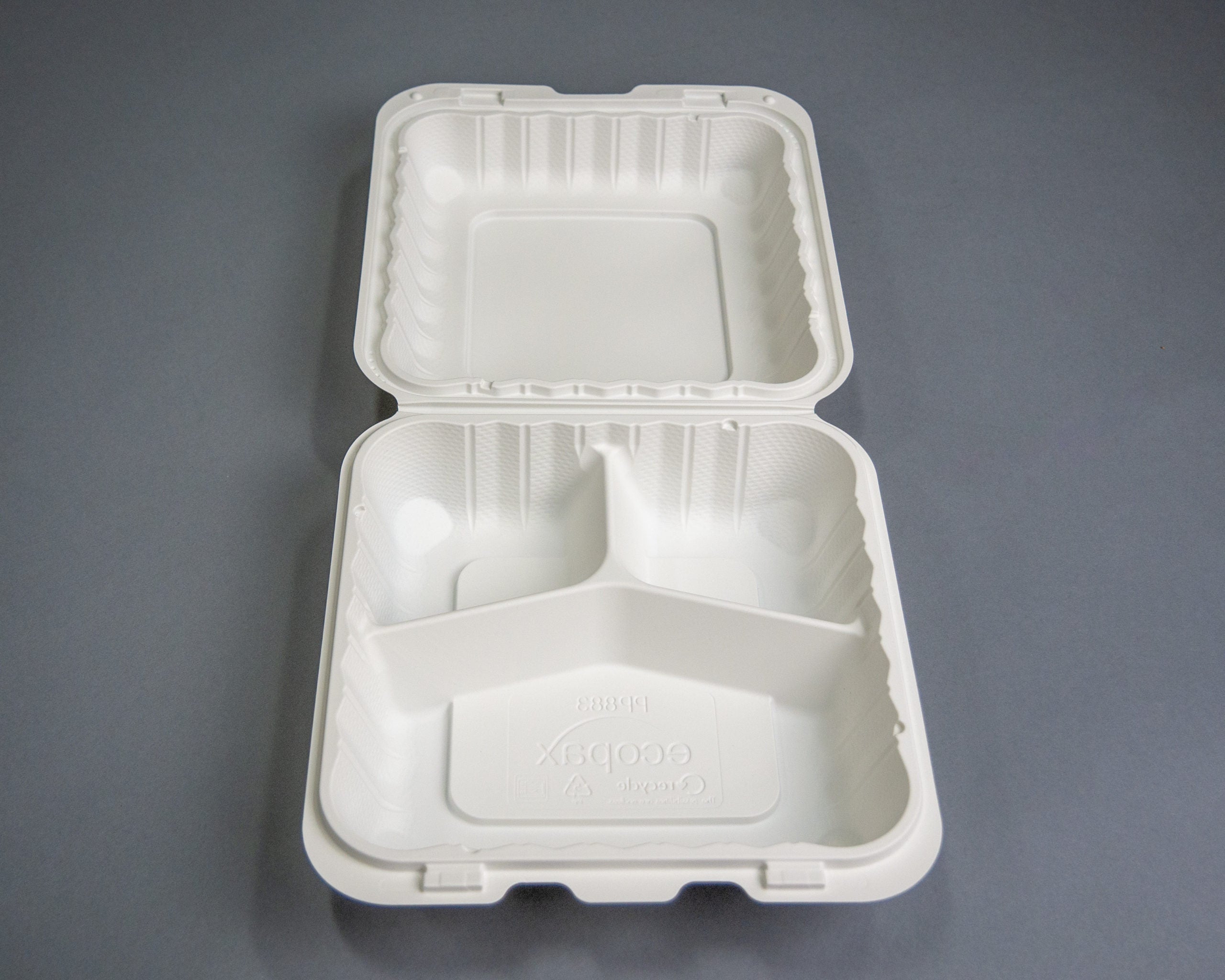 Ecopax Pebble Box White 3-Compartment Hinged Container 8" x 8" x 3" (PP883) - 150 Count