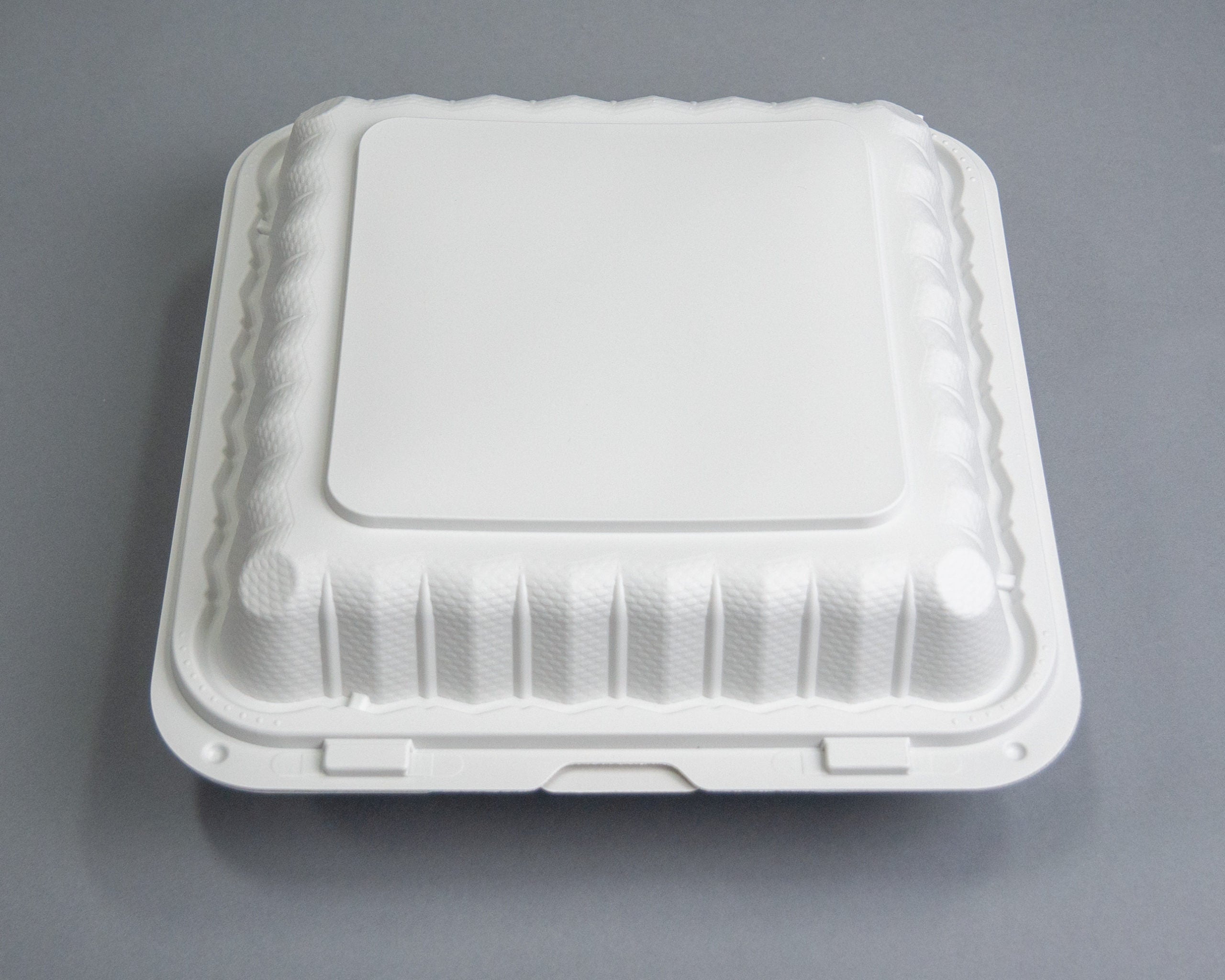Ecopax Pebble Box White 3-Compartment Hinged Container 9.13" x 8.81" x 3" (PP993) - 150 Count