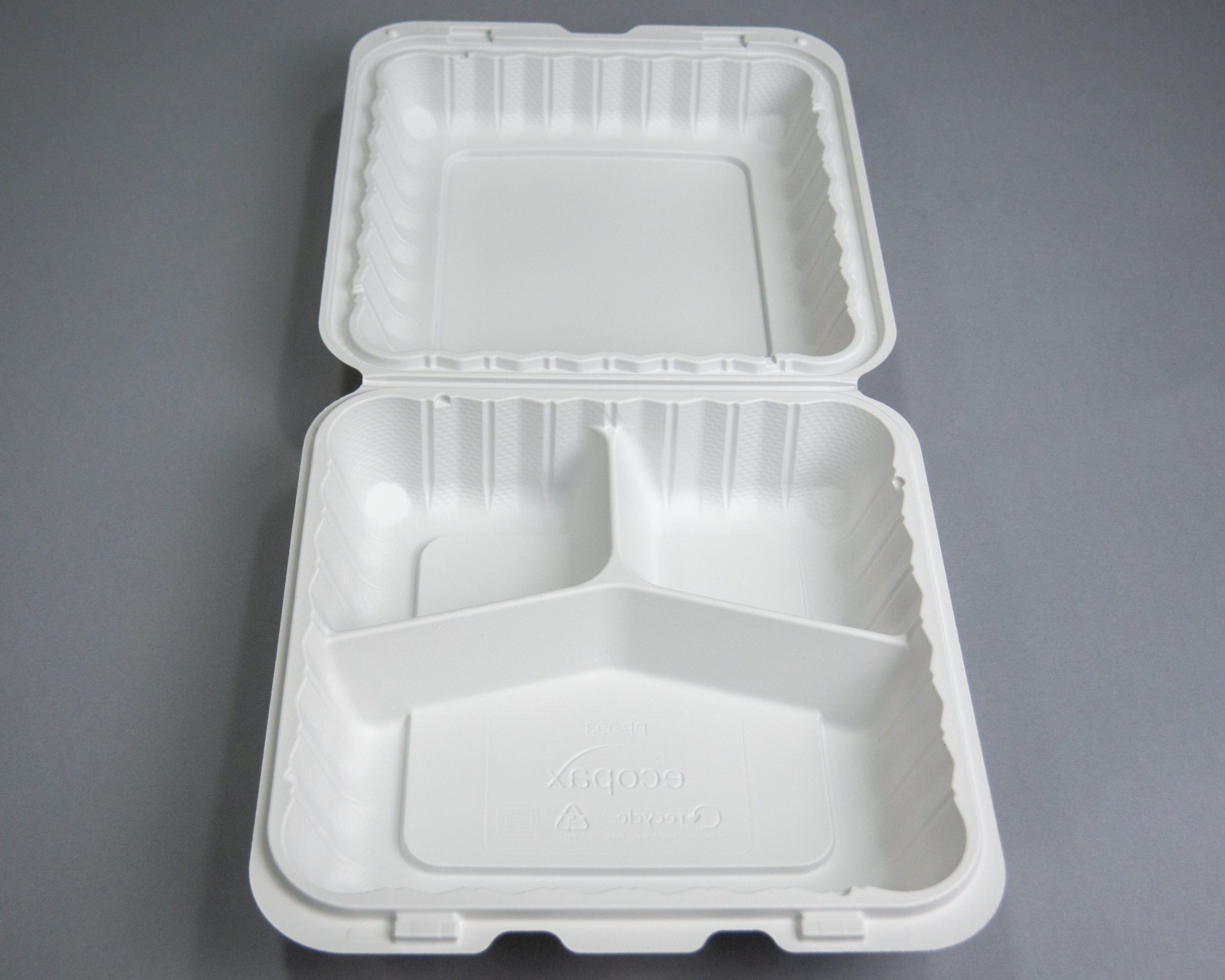 Ecopax Pebble Box White 3-Compartment Hinged Container 9.13" x 8.81" x 3" (PP993) - 150 Count