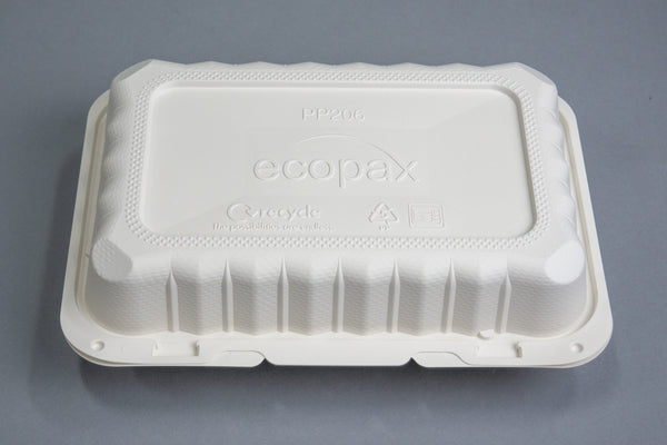 Ecopax Pebble Box White 1-Compartment Hinged Container 9.25" x 6.5" x 2.25" (PP206) - 150 Count