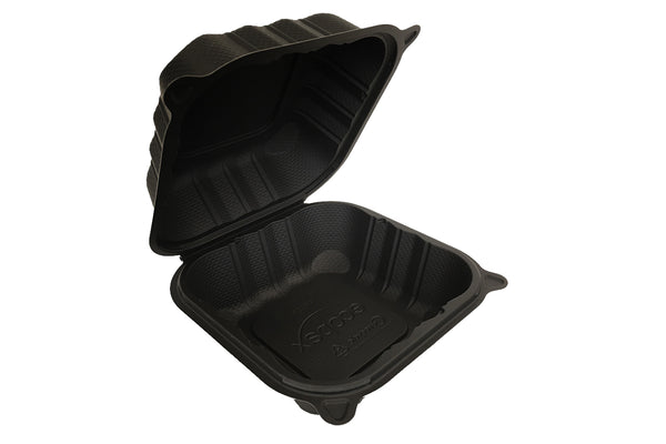 Ecopax Pebble Box Black 1-Compartment Hinged Container 9.25" x 6.5" x 2.25" (PP206-BK) - 150 Count