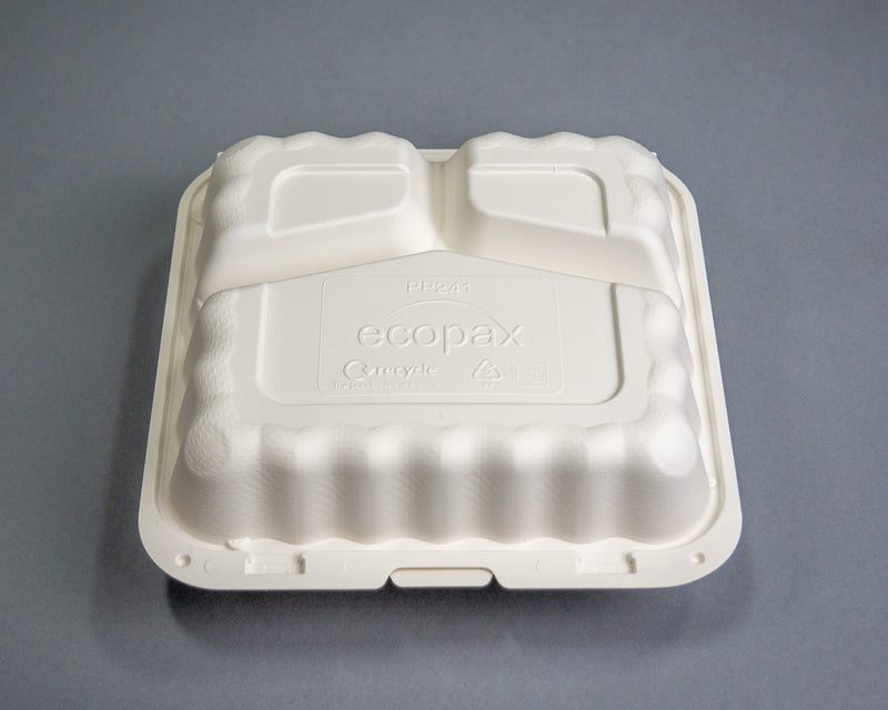 Ecopax Pebble Box White 3-Compartment Hinged Container 7.88" x 8" x 2.5" (PP241) - 150 Count