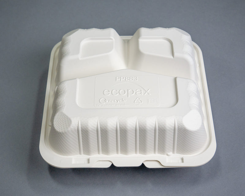 Ecopax Pebble Box White 3-Compartment Hinged Container 8" x 8" x 3" (PP883) - 150 Count