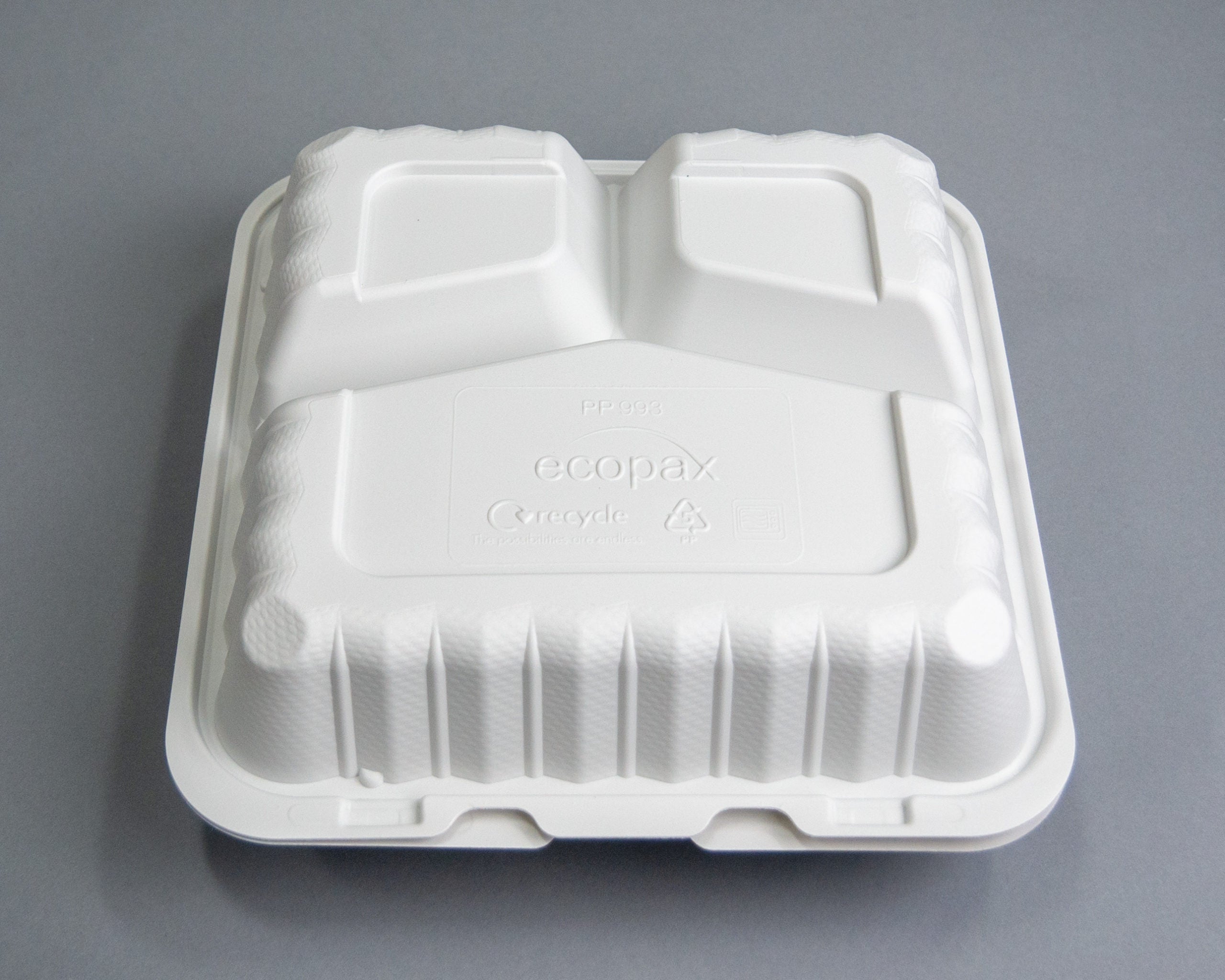 Ecopax Pebble Box White 3-Compartment Hinged Container 9.13
