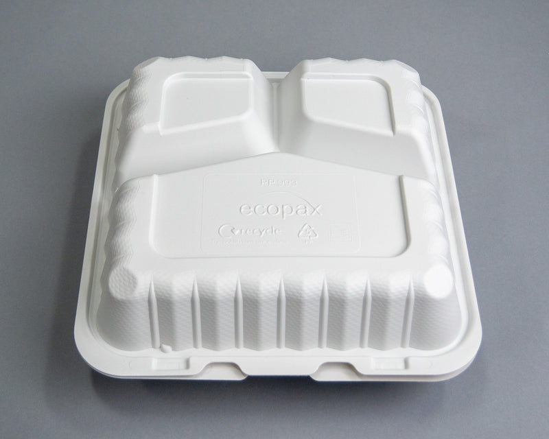 Ecopax Pebble Box White 3-Compartment Hinged Container 9.13" x 8.81" x 3" (PP993) - 150 Count